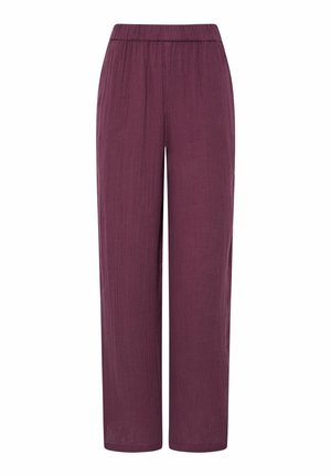 Pantalones holgados de talle alto en burdeos profundo. Fabricados con una tela texturizada, con una cinturilla elástica y perneras rectas.