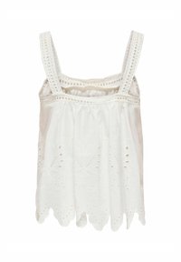 Canottiera bianca in cotone con ricami floreali, orlo scallop e spalline larghe con dettagli in pizzo lungo i bordi.