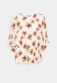 Kwiatowa bluzka z pomarańczowym nadrukiem maków na białym tle. Miękka tkanina, luźny krój, okrągły dekolt i sznurek w pasie.