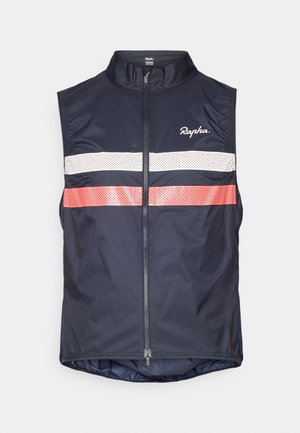 Marineblå sykkelvest med høy krage, frontglidelås og tre horisontale reflekterende striper i hvitt og rosa. Lettvekt, glatt tekstur.