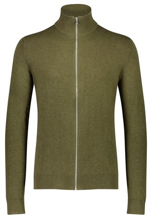Sudadera verde oliva con cremallera y cuello alto, hecha de un material de punto suave, con mangas largas y un dobladillo y puños acanalados.