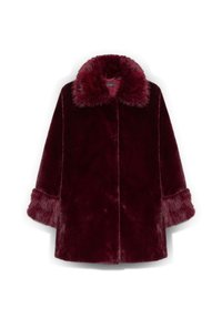 Burgundská kožich z umělé kožešiny s širokým límcem, nadýchanými manžetami a rovný střih. Měkká textura s lesklým povrchem a bez viditelného kování.