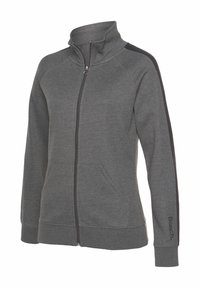 Šedá zipová mikina z měkkého materiálu, s vyšším límcem, bočními pruhy a předními kapsami. Logo na rukávu.