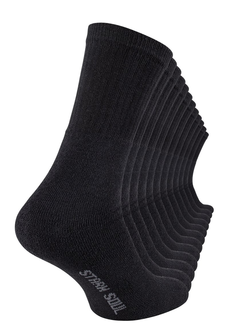 Chaussettes en coton noir à mi-mollet avec une texture côtelée, dotées de talons renforcés et de coutures de orteils lisses, empilées en rang.