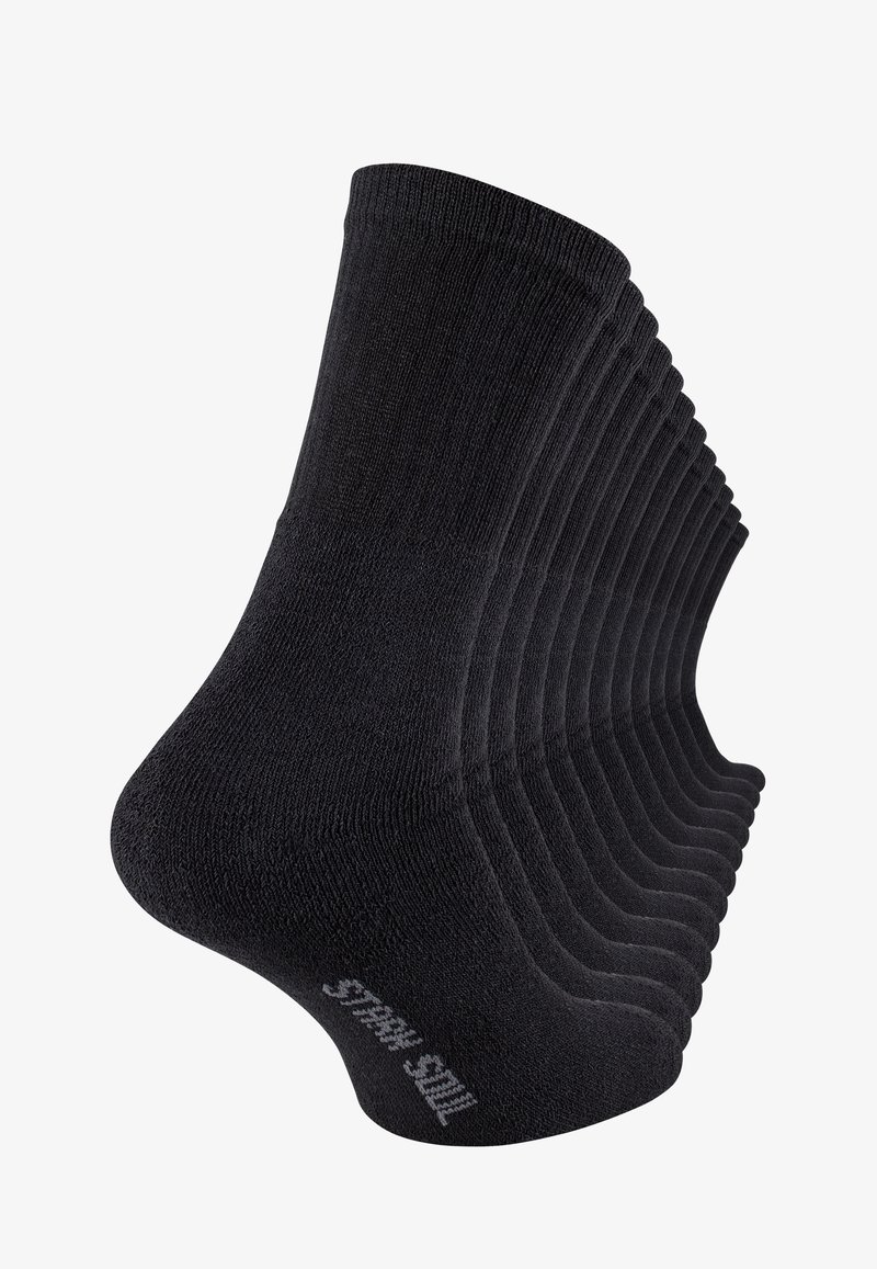 Calzini crew in cotone nero con una texture a coste, dotati di talloni rinforzati e cuciture della punta lisce, impilati in fila.