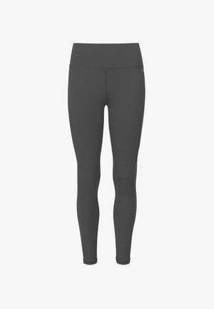 Hoch taillierte, eng anliegende Leggings aus einfarbigem dunkelgrauem Stoff mit glatter Textur und ohne sichtbare Muster oder Hardware-Akzente.