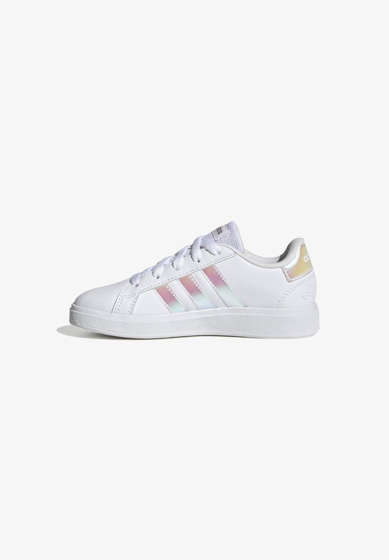 White sneaker with iridescent three stripes and heel accent, smooth synthetic upper, rubber sole, and round toe design.
