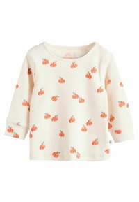 Langärmliges, geripptes Babyshirt in Cremeweiß mit einem wiederholten Muster aus orangefarbenen Früchten und grünen Blättern; seitlicher Druckknopfverschluss für ein einfaches Ankleiden.