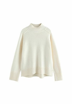 Pull crème avec un col montant côtelé, des manches longues et une coupe décontractée. Tissu tricoté texturé et détail côtelé en bas.