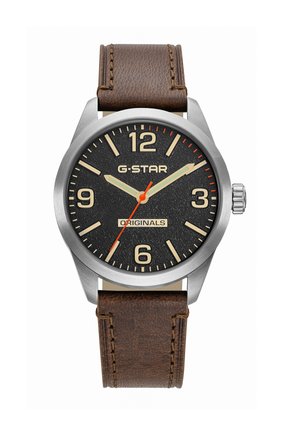 Orologio analogico da polso con quadrante nero, indici delle ore beige, cassa in argento, cinturino in pelle marrone e nome del marchio G-STAR ORIGINALS sul quadrante.