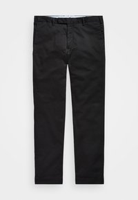 Černé rovné nohavice pro muže s poutky na opasek, předními kapsami a zipem na přední straně na bílém pozadí.