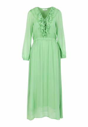 Svetlozelené midi šaty s dlhými rukávmi, s volánikovým výstrihom do V a zoštíhleným pásom, vyrobené z ľahkej prúdiacej tkaniny.