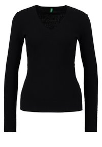 Pull noir ajusté à manches longues avec un col en V et des poignets et un ourlet côtelés, présenté sur un fond blanc.