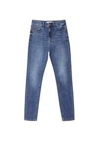 Blå denimjeans med rak passform, som har fem fickor, ett midjeband och subtil blekning. Sömmarna längs sömmarna är synliga.
