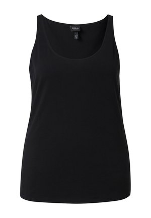 Zwart mouwloos tanktop met ronde hals, getoond op witte achtergrond, label zichtbaar aan de binnenkant van de halslijn.