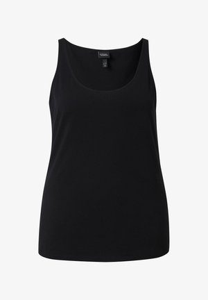 Canotta nera senza maniche con scollo a U mostrata su sfondo bianco, etichetta visibile all'interno del collo.