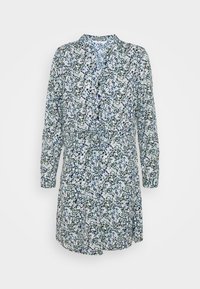 Blumenkleid mit einem kleinen blauen, gelben und weißen Muster auf dunklem Hintergrund, mit einem Kragen und einem Gürtel in der Taille.