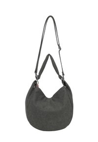 Donkergrijze suède halvemaanvormige schoudertas met twee hengsels: één korte, gewatteerde hengsel en één lange, verstelbare schouderriem.