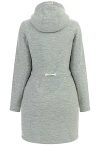 Grå pulloverjacka med ett texturerat fleece-material, huva och dragsko i midjan. Funktioner inkluderar långa ärmar och en längd till mitten av låret.