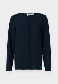 Marineblå langermet bluse laget av lett stoff, med v-hals, knappelukking og en jevn tekstur.