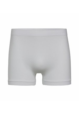 Boxer bianchi senza cuciture con una fascia larga in vita e gambe corte, esposti su uno sfondo bianco semplice.