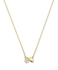 Collier en or avec une chaîne délicate. Présente un pendentif en forme de goutte d'eau avec une pierre claire et un élément en or lisse.