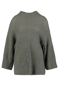 Př oversized zelený pletený svetr s nařasenou texturou, širokými rukávy a vysokým výstřihem, který nabízí uvolněný střih.