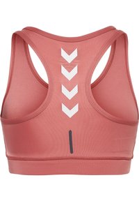 Biustonosz sportowy w odcieniu przykurzonego różu, wykonany z gładkiego materiału. Posiada białe akcenty w kształcie zygzaków oraz cienką czarną lamówkę na dolnej krawędzi.