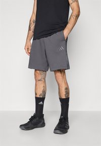 Grå træningsshorts med en sort panel, der pryder Adidas-logoet. Bæres med sorte sokker og sportssko, hvilket fremhæver et afslappet look.