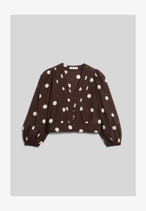 Braune Bluse mit weißen Polka-Dots, V-Ausschnitt, Knopfleiste vorne und langen, aufgepufften Ärmeln mit elastischen Bündchen.