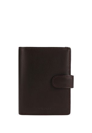 Geschlossene dunkelbraune Lederbrieftasche mit Druckknopfverschluss, rechteckige Form und dezent geprägtem Markennamen unten in der Mitte.