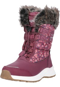 Paarse waterdichte laars met een nylon bovenwerk met bloemendessin, nepbont kraag, vetersluiting en een witte rubberen zool.