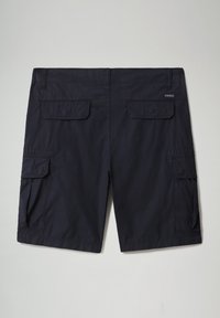 Shorts cargo bleu marine avec deux poches arrière et deux poches latérales à rabat, présentés à plat sur un fond neutre.