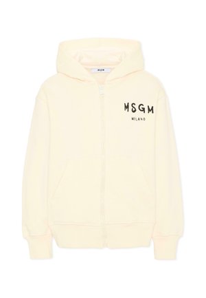 Beżowa bluza z kapturem zapinana na zamek, z przednimi kieszeniami, kapturem i czarnym logo "MSGM MILANO" po lewej stronie klatki piersiowej. Nie ma żadnych osób.