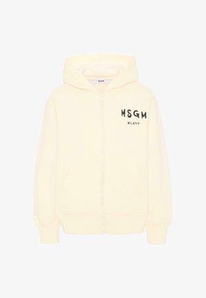 Beżowa bluza z kapturem zapinana na zamek, z przednimi kieszeniami, kapturem i czarnym logo "MSGM MILANO" po lewej stronie klatki piersiowej. Nie ma żadnych osób.