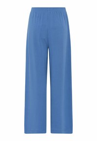 Blue wide-leg pants made of ribbed fabric, featuring an elastic waistband and a relaxed fit for comfort. No visible patterns or hardware.