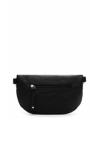 Czarna skórzana torba o zaokrąglonym kształcie, z zamknięciem na suwak u góry oraz przednią kieszenią na suwak. Posiada złocone okucia i subtelną teksturowaną powierzchnię.