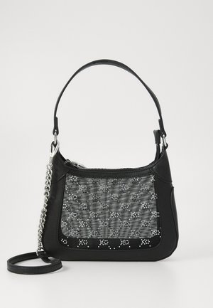 Black handbag made of leather with a textured gray patterned panel and beaded accents, featuring a chain and adjustable strap.
