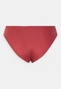 Parte de baixo de biquíni vermelho feita de um tecido liso e elástico. Apresenta um design de corte alto com um acabamento limpo e sem peças metálicas ou padrões visíveis.