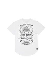 Camiseta blanca con un gráfico negro que presenta un ojo dentro de un triángulo, pistones, calaveras y texto que incluye "Von Dutch" y "Los Ángeles, California."