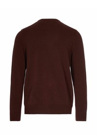 Dunkelbrauner Langarmpullover mit gerippten Bündchen und Saum, von hinten auf einem weißen Hintergrund gezeigt.