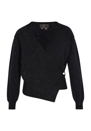 Fekete, mély V-nyakú, hosszú ujjú, strukturált kötésű pulcsi. Szórt fémporokkal és díszes oldalsó gombbal rendelkezik.