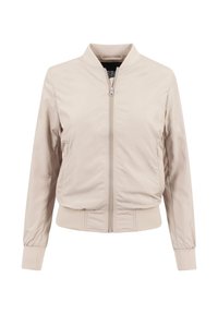 Veste bomber beige clair avec fermeture éclair à l'avant, col, poignets et taille côtelés, présentée sur fond blanc.