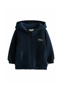 Marineblauwe hoodie met ribbeltextuur, knoopsluiting en twee voorzakken. Gevoerd met zachte stof en voorzien van een klein logolabel.