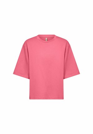 Kurzärmliges T-Shirt mit Rundhalsausschnitt in einfarbigem, leuchtendem Pink. Hergestellt aus weichem, leichtem Baumwollstoff. Verfügt über eine lockere, entspannte Passform.