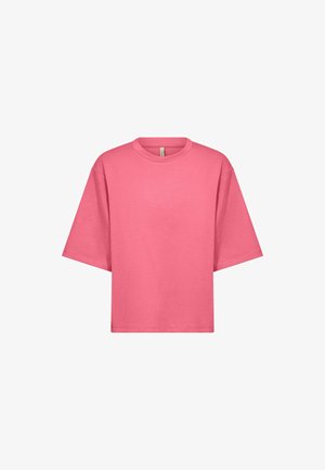 Tricou cu mâneci scurte și gât rotund, de culoare roz aprins uniform. Confecționat din bumbac moale și ușor. Prezintă o croială lejeră, relaxată.