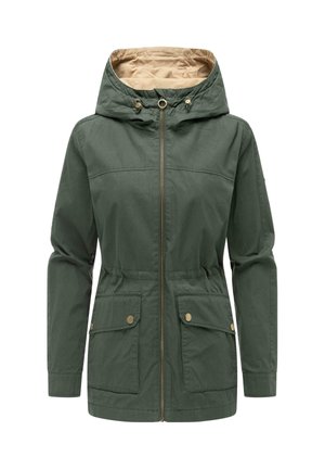 Grüne Kapuzenjacke mit beigem Futter, Reißverschluss vorne, verstellbaren Kordeln und zwei Klappentaschen mit Knopfverschluss.