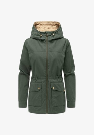 Giacca verde con cappuccio, fodera beige, cerniera frontale, coulisse regolabili e due tasche con patta e chiusura a bottone.