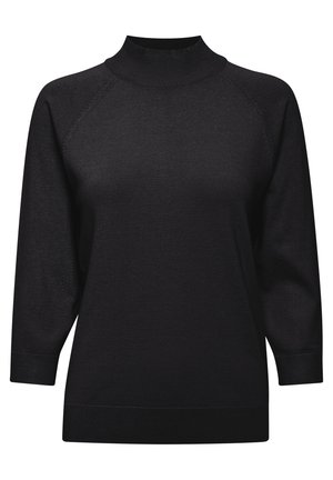 Fekete kötött pulóver magas gallérral, háromnegyedes raglánujjakkal, bordázott mandzsettákkal és szegéllyel. Simaság jellemzi egyszínű tónusával.