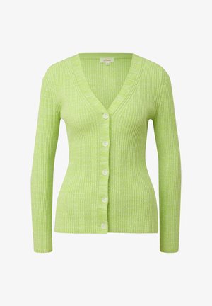 Hellgrüner, gerippter Cardigan mit V-Ausschnitt, langen Ärmeln und weißen Knöpfen auf der Vorderseite. Weiche Textur mit einem leicht melierten Muster.